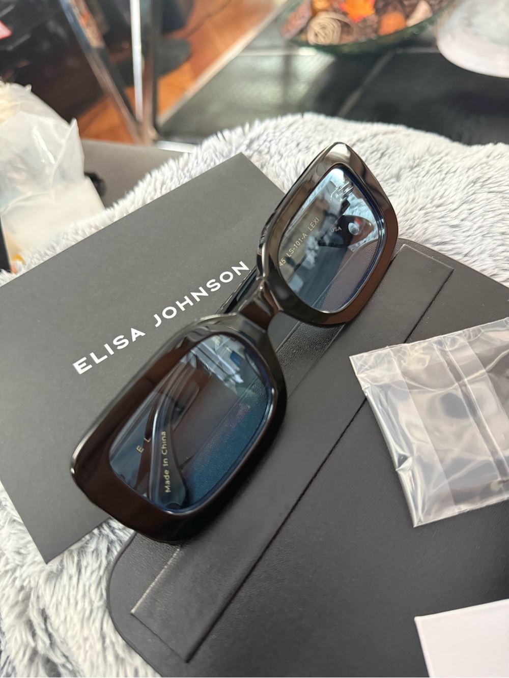 Elisa Johnson Lexi Blue Lens Glossy Black Rectangle Sunglasses